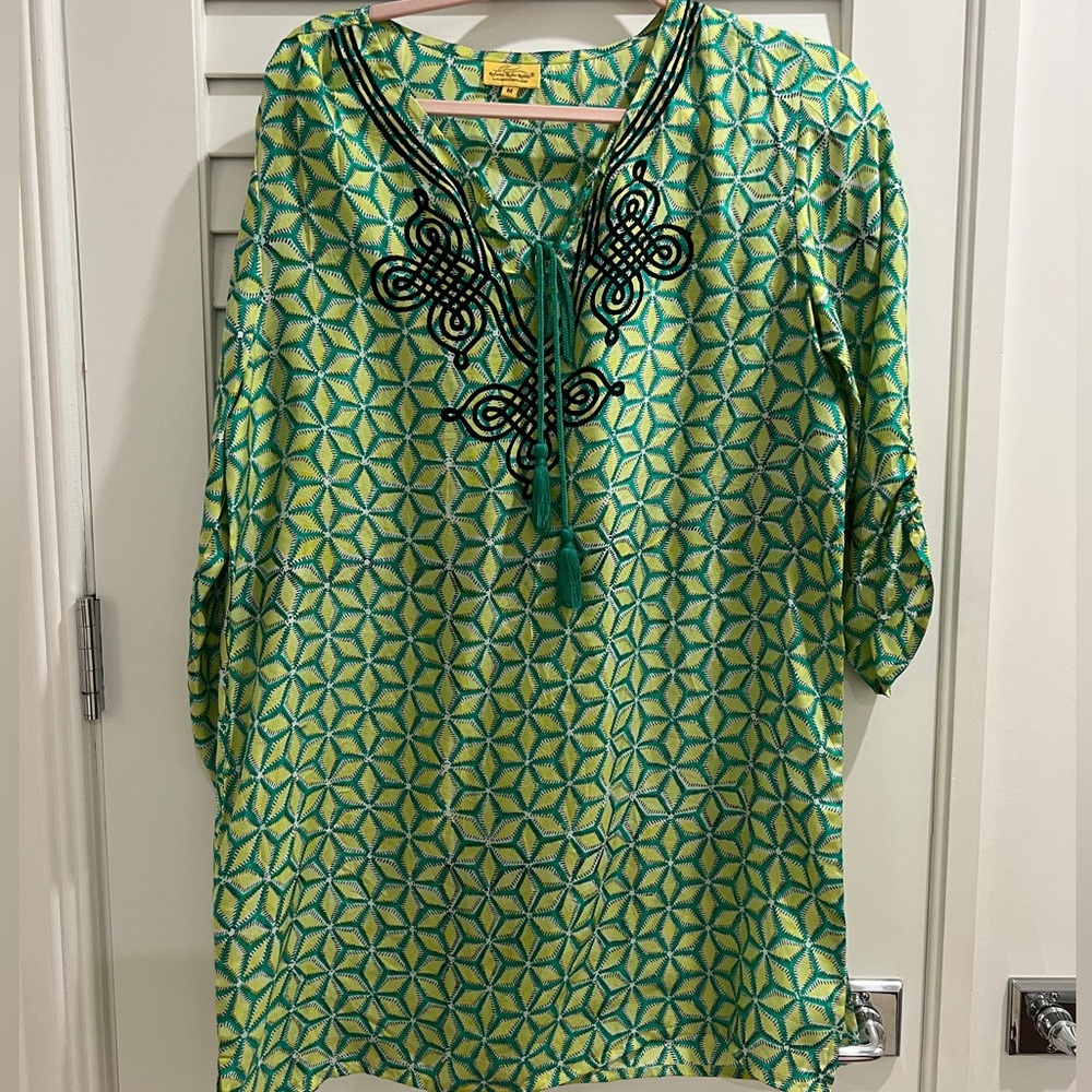 Roller Rabbit Silk Tunic Size M green/yellow with black detail